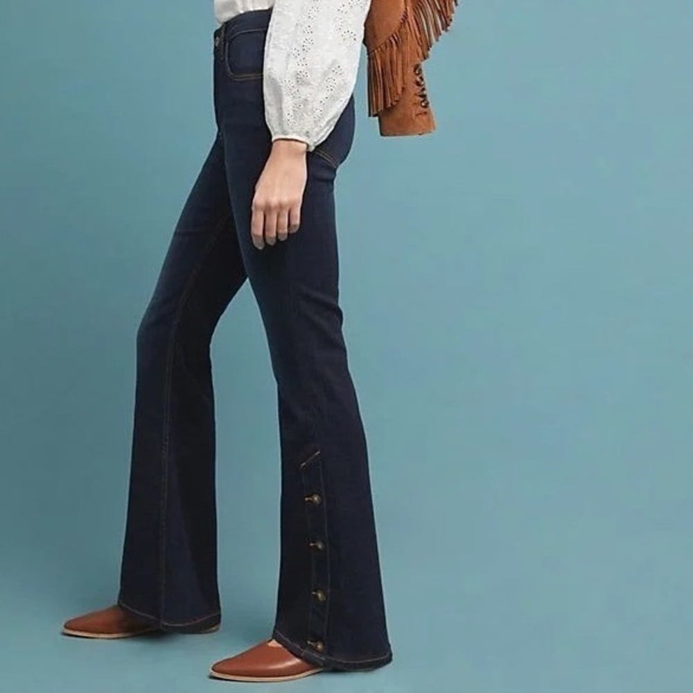 Pilcro Anthropologie High Rise Button Seam Flare Jeans Dark Wash Stretch Blue 27